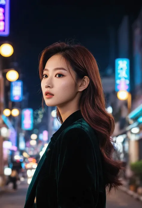 (aesthetics:1.4) A photo of a beautiful Korean fashion model bokeh city night scene