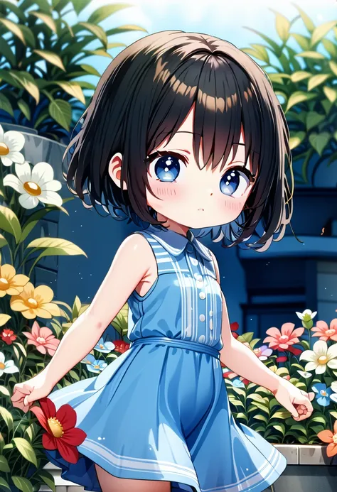 Highest quality、High resolution、Detailed Background、Beautiful face in every detail、Anatomically correct、Detailed facial expressions、fine grain、((From the side))、((One Girl))、Chibi Girl、 Black Hair、beautiful clear big blue eyes、Braided Bob、Sleeveless dress、...