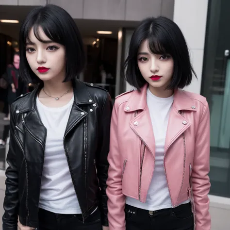 A stunning girl with messy black hair and a punk emo style. She has streaks of pink and white in her hair. She wears a tight fitting leather jacket and a white shirt. She wears black jeans that hug her legs. She has black eyeshadow and red lipstick on.