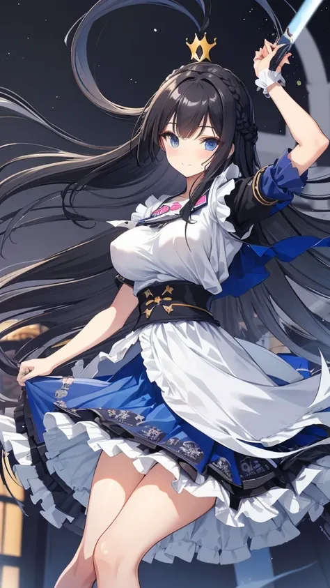 best quality, extremely detailed,anime style girl,long hair down to the waist, straight hair, ((dark black hair with bluish)),((crown braid)),beautiful detailed eyes, pinched eyes, (dark blue eyes),huge breasts,curvy,((((girl with penis)))),((((Futanari)))...