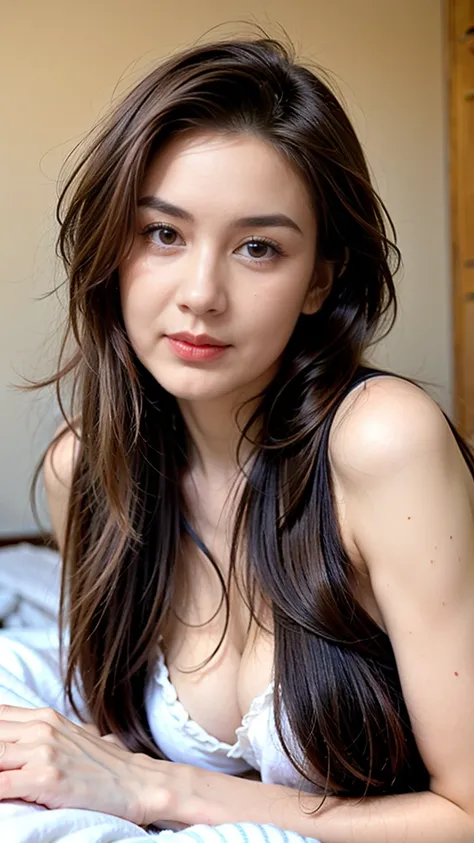 17 years old girl, soft wave long black bob hair, well formed facial features, calm peaceful happy expression, sexy, sensual, glowing pale white skin, Ultra-realistic, High resolution UHD, masterpiece, Very beautiful facial details, Highest quality realist...