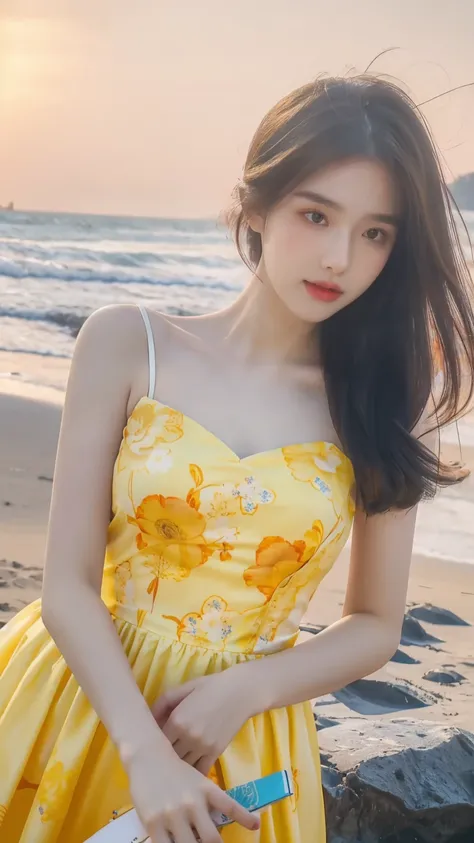 Arafe woman in yellow flower dress on the beach, beautiful korean woman, gorgeous young korean woman, gorgeous chinese model, korean girl, young cute gravure idol, beautiful young korean woman, beautiful asian girl, young and cute girl, say it vadilumrat, ...