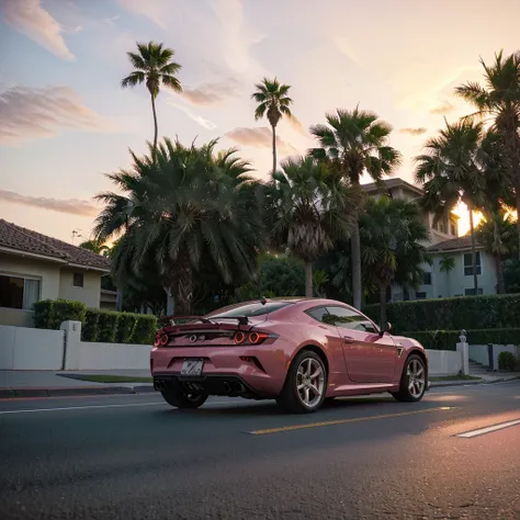 Image showcases a sleek, pink sports car with its scissor doors open, parked on a paved road. The car features white rims and a low-profile design, with a logo on the door. The background includes a scenic view of a city skyline under a partly cloudy sky, ...