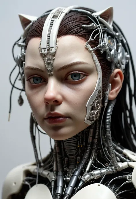 [Cat : girl : 7], chest, Porcelain Face, cyborg, Robot parts, 150mm, Beautiful studio soft light, Rim Light, Vivid details, cyber punk, hyperRealistic, Anatomical, Facial muscles, Cables and Wires, Microchip, h. R. Giger Style, Very detailed  (Realistic, p...