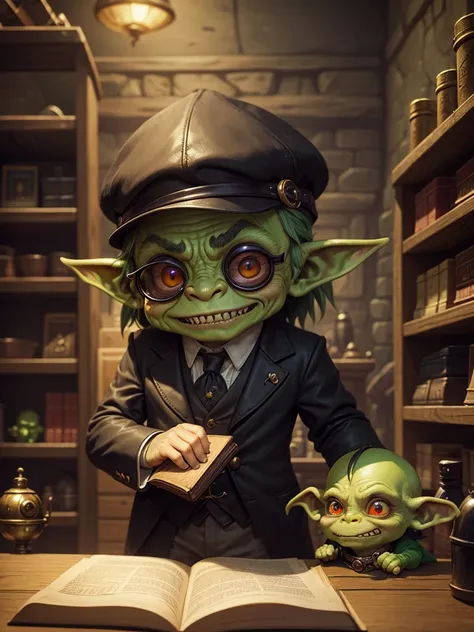 Little Goblin, greenskin, wearing black suit, wearing golden monocle, Eyes red, sharped teeth, holding a leather book, recepcionista, behind a counter, medieval environment, Fantasy world.