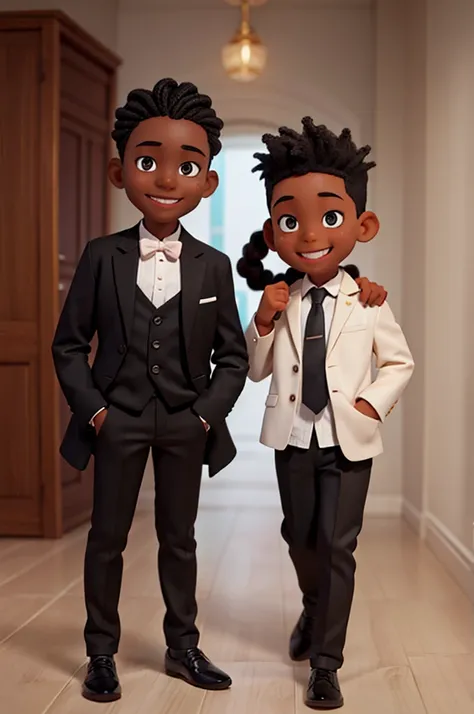  boy character, in black skin color, wear a blazer and black pants, smiling and braids 