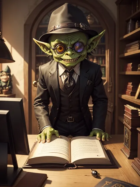 Little Goblin, greenskin, wearing black suit, wearing monocle, Eyes red, sharped teeth, holding a leather book, recepcionista, behind a counter, medieval environment, Fantasy world.