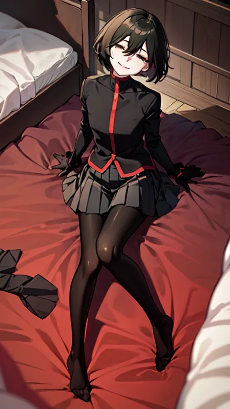 (masterpiece,Highest quality, detailed), One girl, alone, indoor, bed, Sitting, Half-closed eyes, smile, Mouth closed, whole body, Tilt your head, From above, View your viewers,
Oshino Ougi, Transparent gakuran, Black lace gloves, Black pantyhose and see-t...