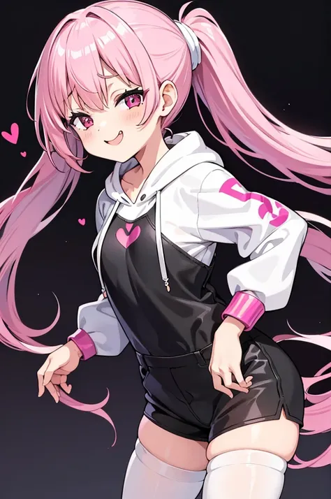 Cute, 1girl, pink hair ponytail, white hoodie, black tight shorts, see through pantyhose, smug, pink eyes with heart in it