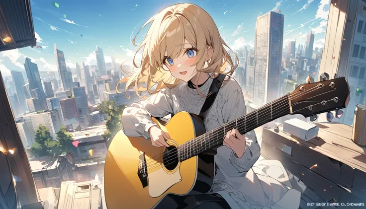 character：Light Hair Color（for example、Blonde or pink hair）of girls、Playing the guitar happily。
background：Under the blue sky、Colorful cityscapes and natural scenery。backgroundには音符や楽譜が飛び交い、Create movement and musical atmosphere。
text：「A must-see for beginn...