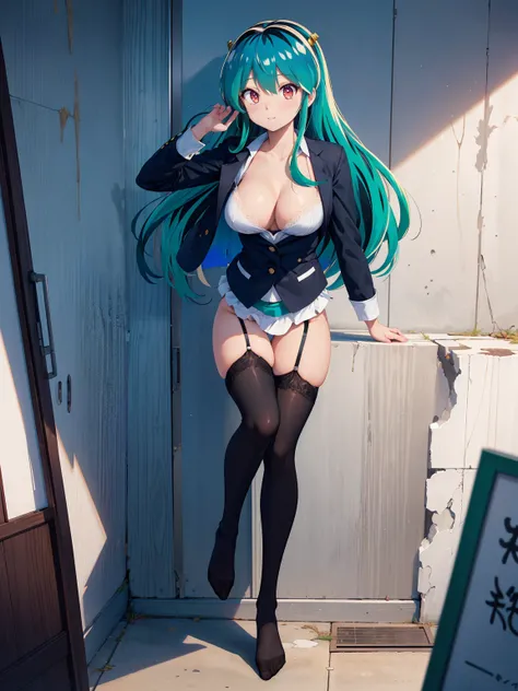 (1 Girl),(high quality), (High resolution), (Very detailed), (8k),(Demolition paperback correct)、Urusei Yatsura、Ram-chan、((Sexy Lingerie))、Wearing a blazer、((Focus on the whole body))、Nipple Shape、((Black knee-high stockings))、Hair messed up by the strong ...