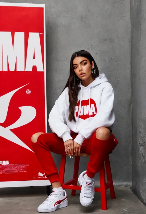 a woman sitting on a stool with a red and white poster, 20, 🤬 🤮 💕 🎀, she is wearing streetwear, made with photoshop, based on a puma, woman in streetwear, trending on r/streetwear, by Ignacio Zuloaga, focus on sneakers only, badass look, :: madison beer, 💋...