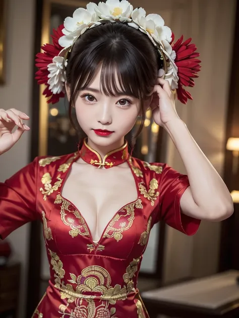 One girl,Upper Body,Fashionable Girl,China dress,Chinese clothing,Hair Flower,(masterpiece:1.4),(Highest quality:1.4),(Glowing Skin),Red lips,View your viewers,(Real Bra:1.0),