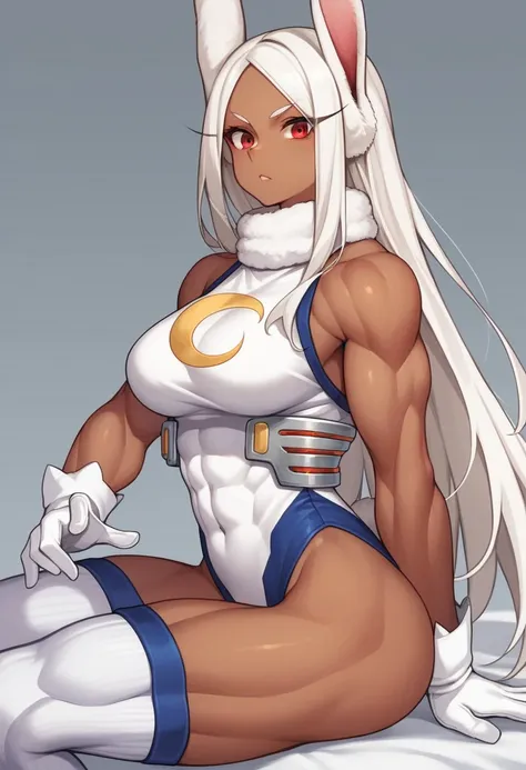 Score_9, score_8_up, score_7_up, source_anime, 1girl, rumi usagiyama, long hair, animal ears, white hair, dark skin, rabbit ears, dark-skinned female, muscular, rabbit girl, muscular female, red eyes, parted bangs,thighhighs, gloves, sleeveless, white glov...