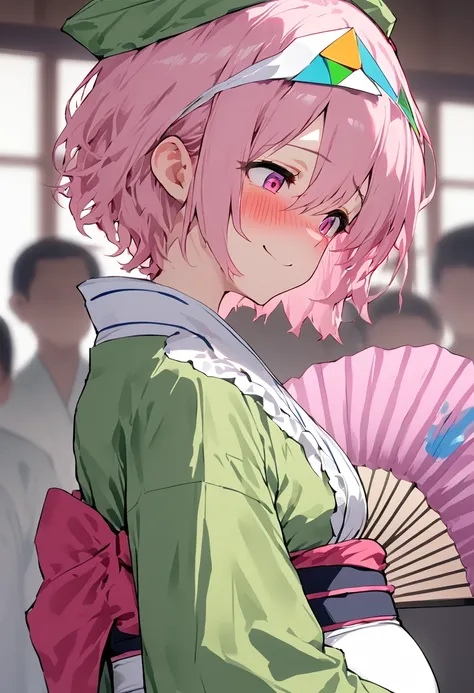 Highest quality, masterpiece, High resolution, 一人in, {saigyouji_Bend_East:1.15}, pink_hair, Triangle_Headpiece, hin, short_hair, pink_eye, pain_cap, green_hat, 前hair, smile, hair_between_eye, upper_body, sash, chest, ribbon, One girl, green_kimono, folding...