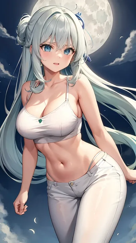 Girl with long green hair,Inner color and white hair、 Beautifully shaped breasts with tension, Green Eyes, Moonlight、moonlight、Brush your hair up、、,The whole body from head to toe、Proud expression、Older sister、Emotionally rich facial expressions、(Flying in...