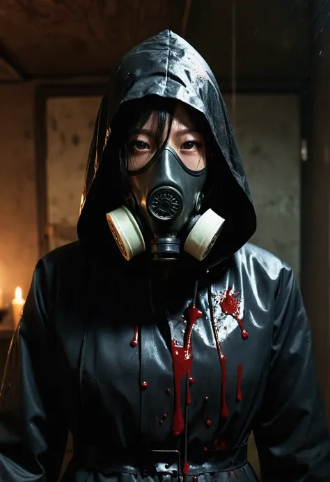 korean girl, (behind corpse, gas mask), holding knife, stabbing, black gloves, room full of blood, black raincoat, hood up, holding knife, black gloves, behind corpse, blood splatter, long bangs, black wet suit, night, mass murderer, robbery, dark atmosphe...