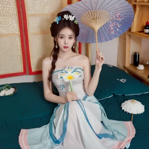 1girl, solo, looking at viewer, brown hair, hair ornament, dress, holding, jewelry, sitting, flower, earrings, barefoot, indoors, bed, umbrella, hand fan, realistic, holding fan