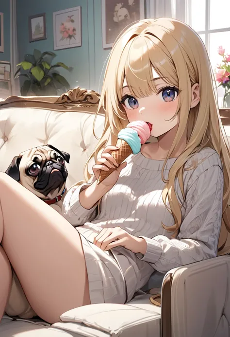 A beautiful girl with long, flowing blonde hair is lying on the sofa in the living room, eating ice cream. A pug is sitting next to her, looking like it&#39;s about to eat ice cream. She has beautiful flowing hair, a beautiful and delicate face, and a perf...