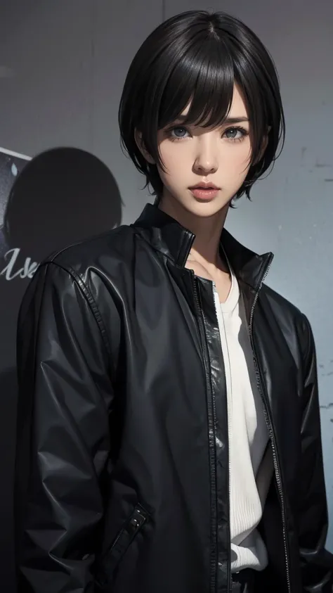 Asian Hair Bangs longs,Jacket Black and Shirt Black,rockstar,white wallpaper