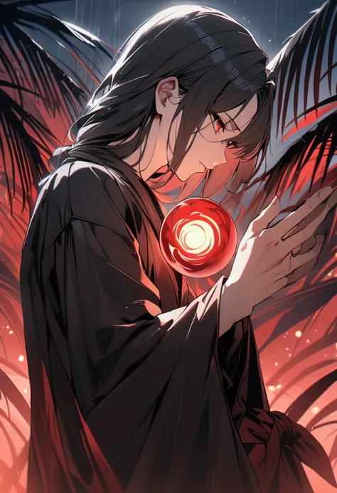 ((masterpiece)), ((best quality)), (half-body shot), (45 degrees sideways), 1man, solo, tied long black hair, red eyes, black robe, 1 palm open, red energy orb on palm