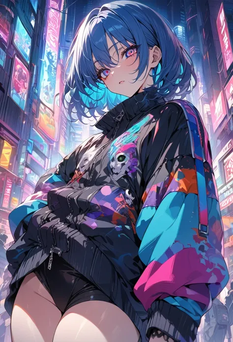 (masterpiece,detailed,High resolution:1.4) , Model shoot, close, detailed face, fine detailed eyes,, (kirishima touka),Blue middle hair,ghoul eyes,Retro Jacket,Tokyo Ghoul,Retrofuturism background, Vibrant colors, High resolution,, , 