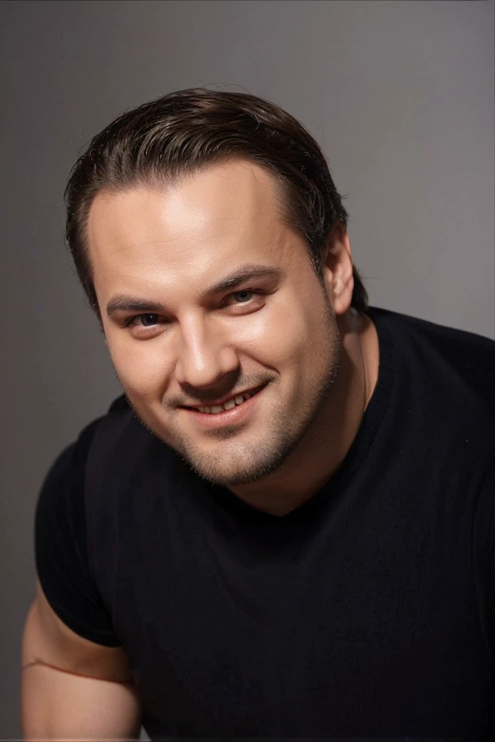 Russian Opera Tenor with red suit and bow tie in a futuristic opera house 