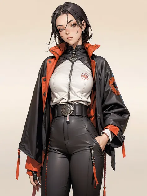 (((best qualityer))), (((manga strokes))), uma Kizi jovem muito bem vestida com roupas modernas de inverno, pants with red and black zig-zag pattern, top gift vertical stripes, short jacket with dark fur collar, beautiful and expressive face, slightly-smil...