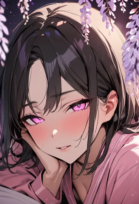 masterpiece, (pink kimono), seductive face, good lighting, low-cut, small details, masterpiece, glowing eyes, 1girl, black hair, on face, Nezuko Kamado, wisteria background, masterpiece, best quality, POV, different poses