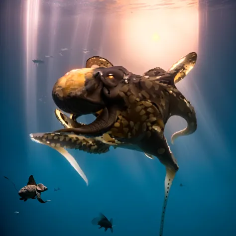 there is a Polvo that is swimming in the water, an elephant Polvo chimera, Polvo, super nova Polvo, Polvo wrestling with a sphere, giant Polvo, Polvo tentacles, cefalópodes, anthropomorphic Polvo, Polvo silhouette at depth, robotic Polvo, Polvo face, half ...