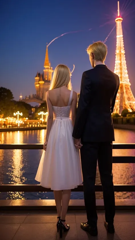 Blonde man and woman, just the two of them, dream world, spectacular view, illuminations, dress code, back view, the letter Y on the man&#39;s back, the letter M on the woman&#39;s back, lovey-dovey, real