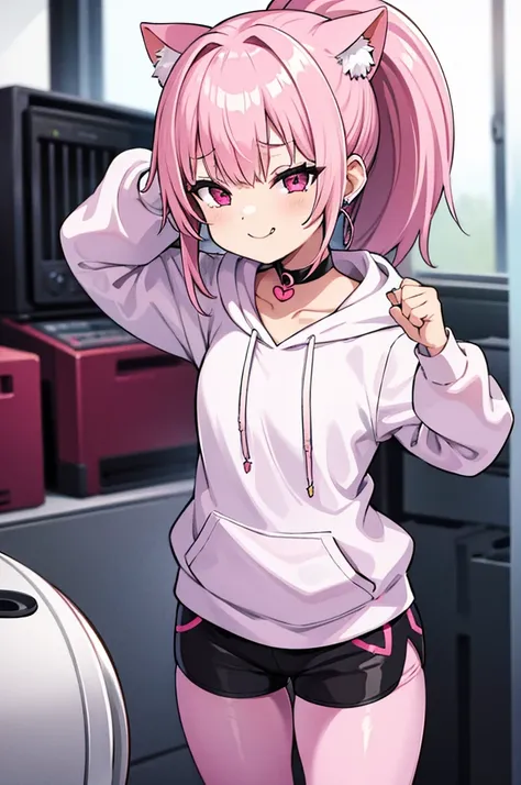 Cute, 1girl, pink hair ponytail, white hoodie, black tight shorts, see through pantyhose, smug, pink eyes with heart in it, music, kitty earphones