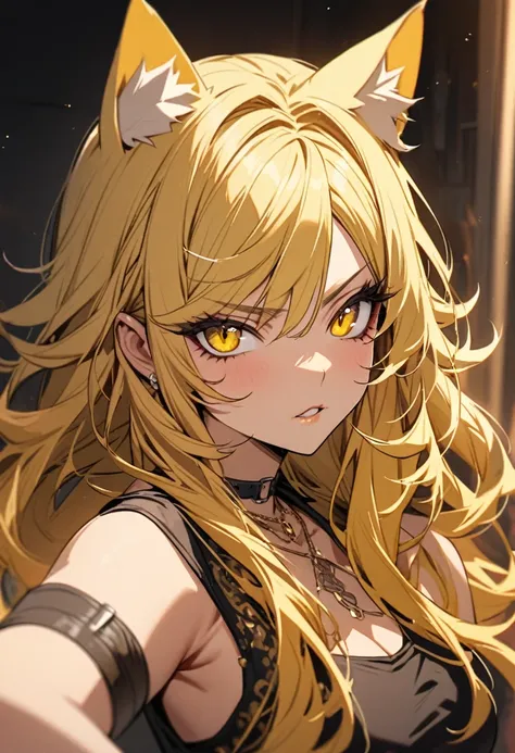 beautiful detailed hair, beautiful detail eyes, Girl, yellow hair, long hair, cat girl, cat ears, gangster, adult, pretty, black tank top, yellow eyes