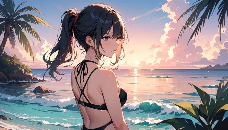 (masterpiece, Highest quality:1.2), 1 Girl, alone,Eyes open,Tropical atmosphere,Ocean,Swimwear