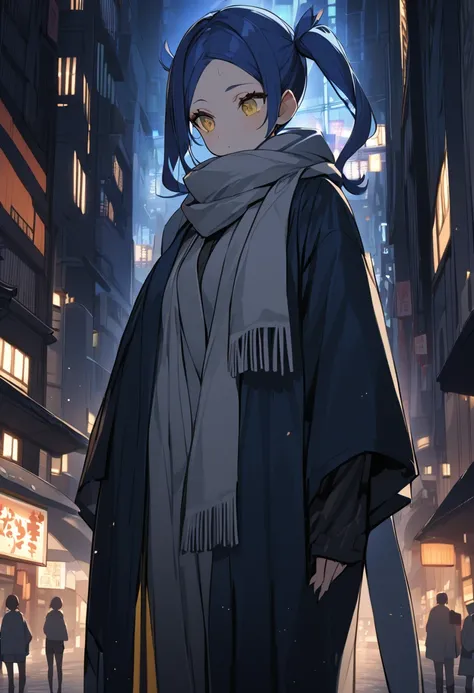 japan city in night(One very tall woman,Her hairstyle is twin tails that expose her forehead.,Navy Blue Hair,yellow eyes,Black haori,Grey scarf around neck)