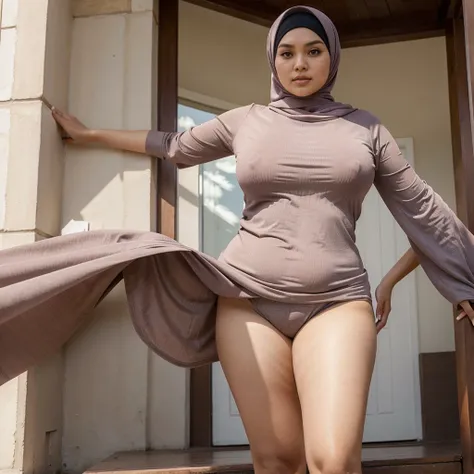 Hijab girl, beautiful, ,bigs ,body plump,siti nurhaliza face,tight lagging clothes,open leg pose