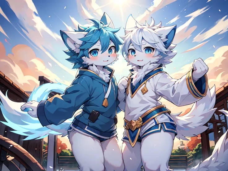 Blue hair，White hair，Blue dragon tail，The end of the tail has white fuzz，hairy，God of Art Super Top Quality, Super detailed, High resolution, Anime cute art style, The best anime, 8k, Kona sauce wallpaper, Pixiv Contest Winners, Perfect anatomical structur...