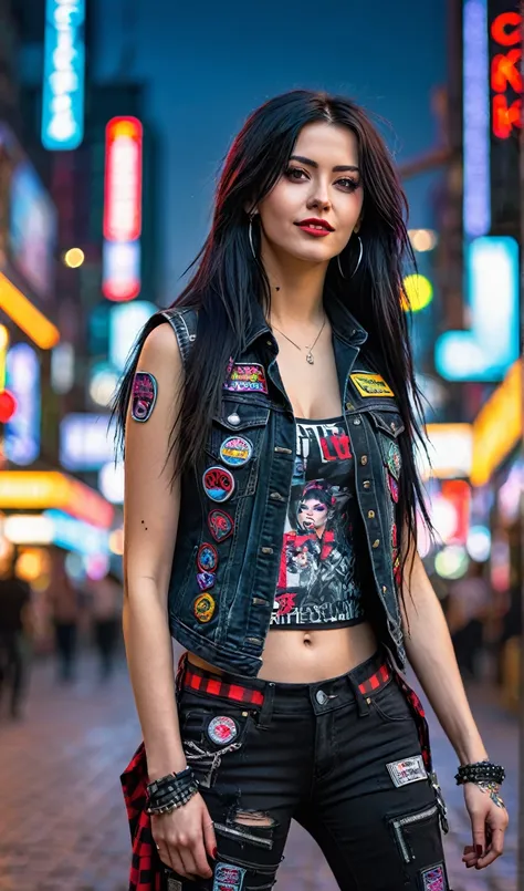 Masterpiece, above, very detailed, original photo, beautiful woman with long flowing black hair, walking in the cyberpunk city center, wearing a black jean vest full of patches, striking a typical punk pose, tight red checkered flannel trousers ripped knee...