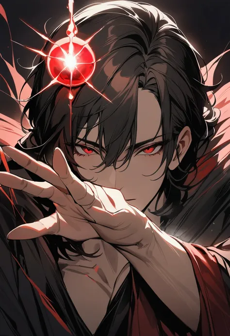 ((masterpiece)), ((best quality)), (close-up, half-body shot:1.3), 1man, adult man, solo, tied long black hair, red eyes, black robe, 1 palm open, red energy orb on palm, looking at viewers