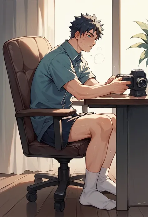 Anime boy Naruto very wet sweaty white socks under chair so close to the camera