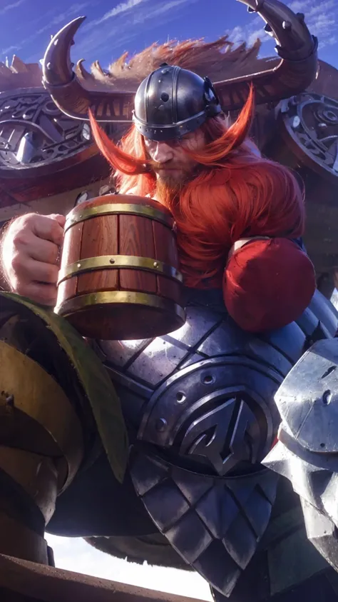 1 man, red hair, viking helmet, muscle,