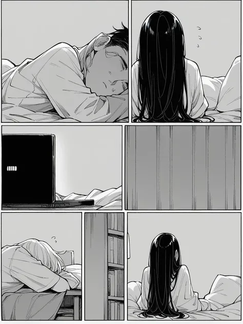 score_9, score_8_up, score_7_up, score_6_up, m4ng4, manga, monochrome, greyscale, (long hair:1.2), 1boy, comic, panels, black hair, tired, computer