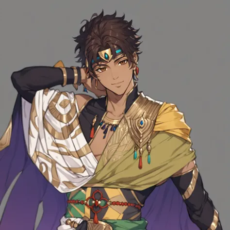 masterpiece, best quality, good quality, Fantasy Aesthetic, Highly detailed, shadowverse style, male, brown skin, egyptian aesthetic, brown eyes