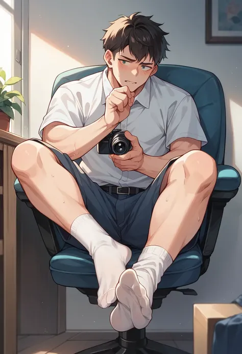 Anime boy scrunching his feet in white sweaty thin socks close to camera under the chair while sitting down