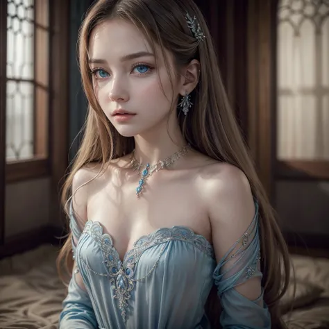 a beautiful blue eyed woman,long flowing hair,elegant dress,romantic,serene expression,detailed facial features,delicate skin,intricate jewelry,soft lighting,muted color palette,cinematic composition,photorealistic,highly detailed,masterpiece,sexy