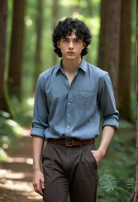 In the sunny forest、There is a young man with a handsome face, curly black hair and big blue eyes.。, A thoughtful and attentive look on his handsome face, full length, Wearing a simple grey shirt and old-fashioned pants