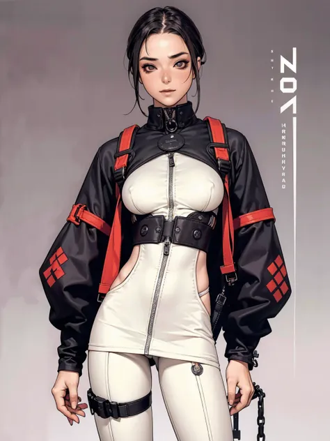 (((best qualityer))), (((manga strokes))), uma Kizi jovem muito bem vestida com roupas modernas de inverno, pants with red and black zig-zag pattern, top gift vertical stripes, short jacket with dark fur collar, beautiful and expressive face, slightly-smil...