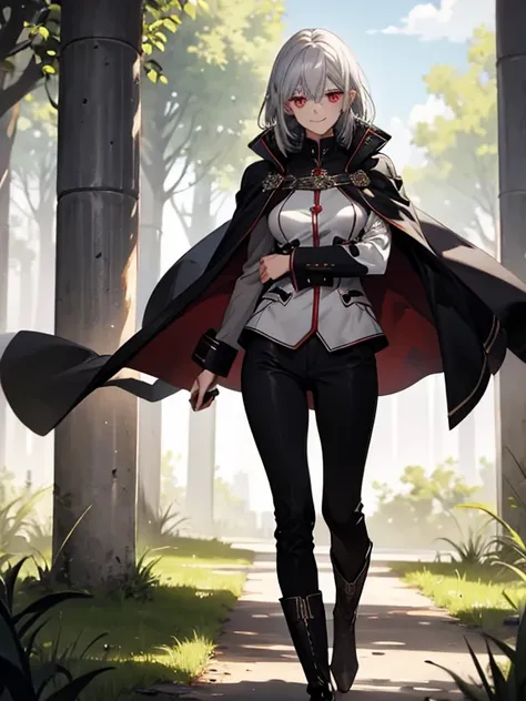 (Confused, High resolution, Very detailed), 1 female, Silver Hair,Shortcuts,Bright red eyes,White and black military uniform,24th generation,beauty,mature,thin,quiet,Calm,A small smile,A kind smile,Embarrassed smile,In front of the person I like,Long Cape,...