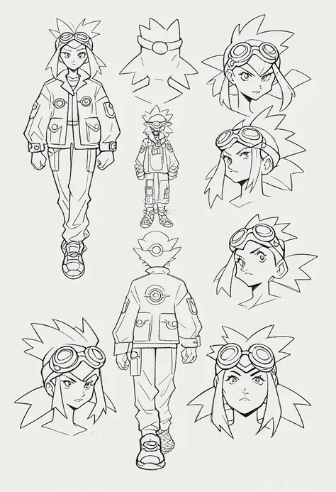 full body character sheet of a pair of boy and girl digimon protagonist wearing goggles on their head y2k fashion outfits, full ...