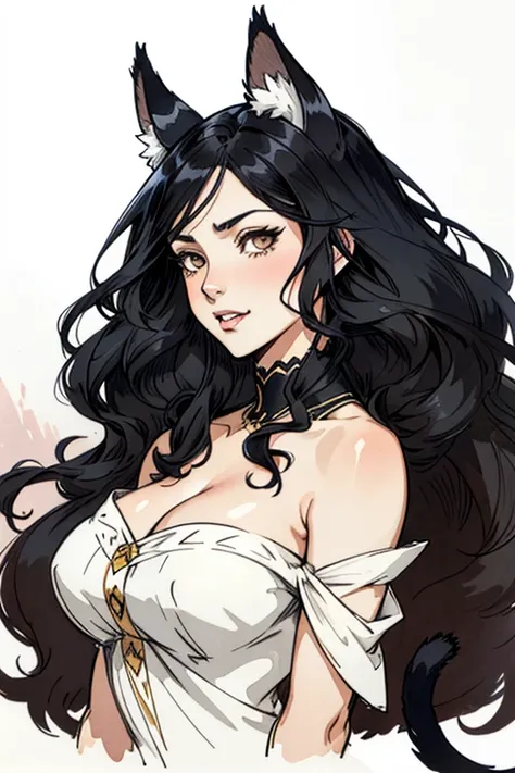 A Beautiful woman, long wavy black hair, brown eyes, cat ears and tail, fangs, horns, thick lips, medium bust, pretty dress, halfbody, nouveau art style, watercolor style, strybk, full illustration, soft lighting, detailed face, concept art, muted colors. ...